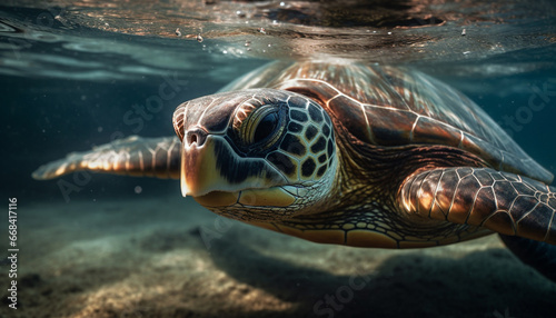 A large sea turtle swimming underwater in the tropical reef generated by AI © Jemastock