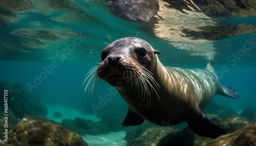 One cute sea lion swimming underwater, exploring nature beauty generated by AI