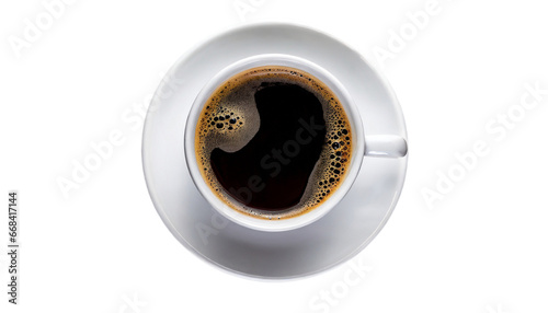 white coffee mug with hot black coffee  isolated on transparent space  top view   flat lay