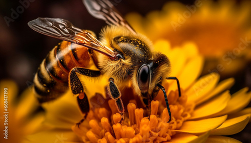 Busy honey bee collecting pollen from a vibrant yellow flower generated by AI © Stockgiu