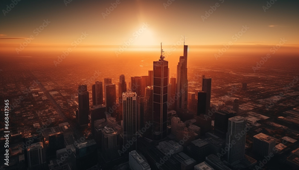 Modern city skyline illuminated by sunset, high above the horizon generated by AI
