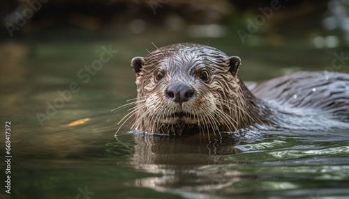 Cute beaver swimming in pond, looking at camera, surrounded by nature generated by AI