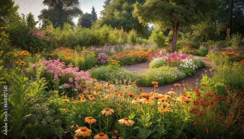 The beauty of nature blossoms in a formal garden generated by AI