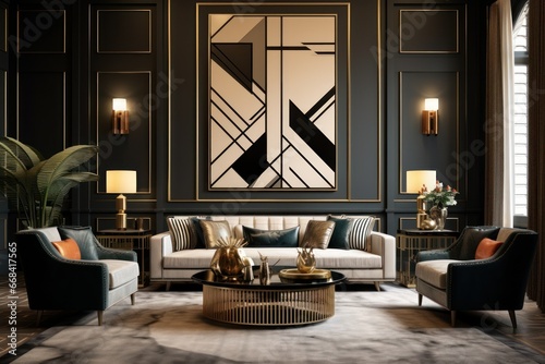 Art-deco-inspired living room with geometric patterns and gold accents. © Lucija