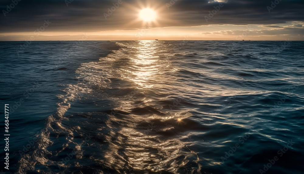 Obraz premium Sunset over water, tranquil scene, yacht sailing on horizon generated by AI
