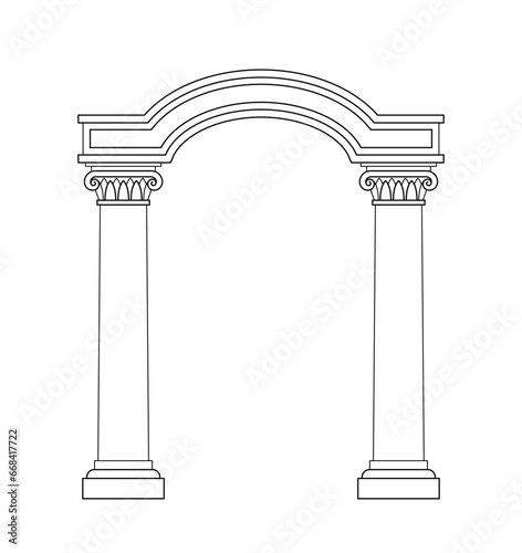 Ancient pediment line concept. Greek and old Rome architecture and marble columns. Minimalistic creativity and art. Linear flat vector illustration isolated on white background