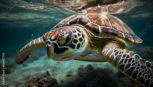 A large, multi colored sea turtle swimming in tranquil underwater beauty generated by AI © Jemastock