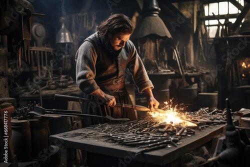 Blacksmith forging a knight's sword, craftsmanship, dedication.