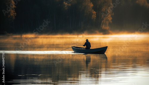 Men rowing a canoe on a tranquil pond at sunset generated by AI
