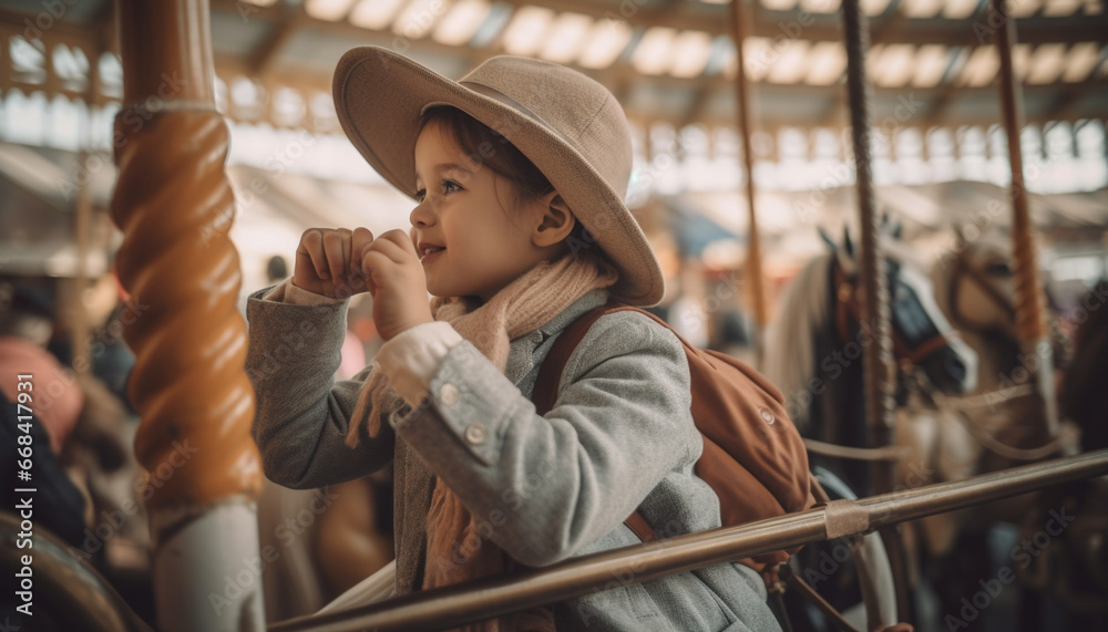 Obraz premium A cute Caucasian boy sitting outdoors, smiling, playing with a baby horse generated by AI