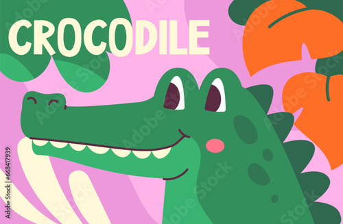 Animal poster with crocodile concept. Mammal with leaves at background. Flora and fauna of tropical and exotic countries. Biological cute cover or banner. Cartoon flat vector illustration