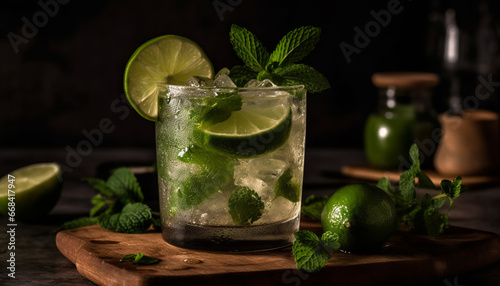 Refreshing mojito cocktail with lime, mint leaf, and ice generated by AI