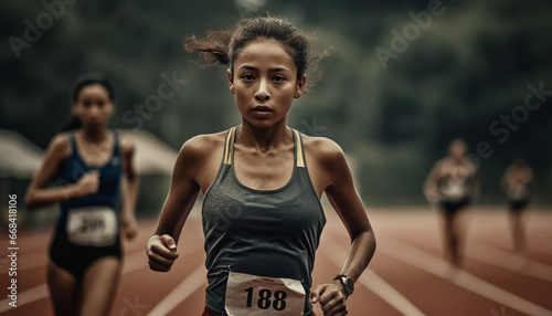 Young adults competing in a sports race, displaying determination and strength generated by AI