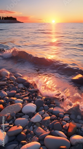 stone seashore against the backdrop of sunset