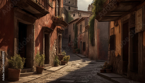 Ancient Italian architecture, narrow streets, and old fashioned lanterns at dusk generated by AI