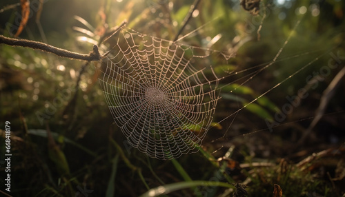 Spider web glistens in dew, capturing autumn beauty generated by AI