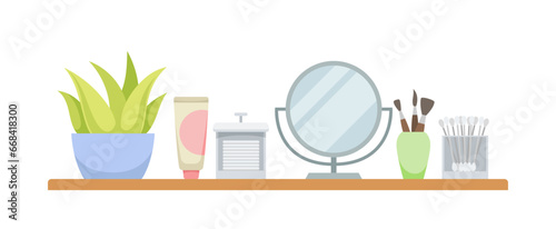 Bathroom items set. Wooden shelf with mirror, plant and creams and lotions. Make up and skin care. Poster or banner. Cartoon flat vector illustration isolated on white background