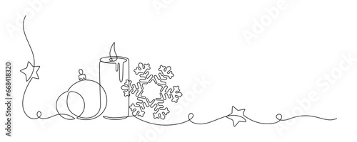 One continuous line drawing of Christmas greeting card. Festive candle with snowflake and christmas tree toy for winter xmas holiday concept in simple linear style. Doodle contour vector illustration
