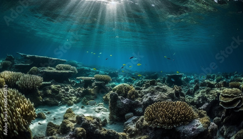 Underwater reef fish in nature, swimming below blue water generated by AI © Jemastock