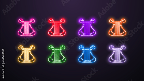 A set of neon harp icons in different bright colors on a dark background. photo