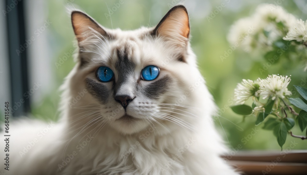 Closeup of a ragdoll cat with blue eyes rests by a sunny window, looking away from the green tree with flowers.