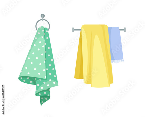 Bathroom items set. Green and yellow towels. Cleanliness and hygiene. Cloth with white dots. Graphic element for website. Cartoon flat vector illustration isolated on white background