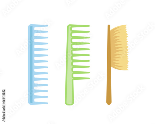 Bathroom items set. Green and blue combs and brushes. Hygiene and cleanliness. Sticker for social networks and messengers. Cartoon flat vector illustration isolated on white background
