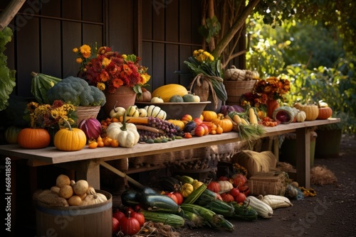 Bountiful harvest table laden with fresh produce celebrating autumn festivals.