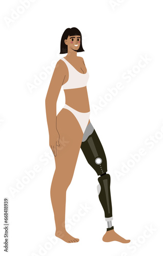 Body positive woman concept. Girl in swimsuit with prothesis at leg. Self love and acceptance. Person with disability. Cartoon flat vector illustration isolated on white background