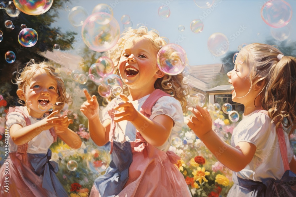 Children's gleeful laughter as they chase floating bubbles at a party.