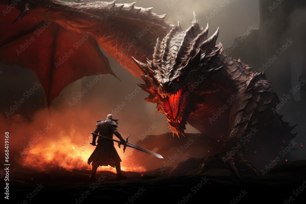 Knight facing a large dragon, bravery, mythical. - obrazy, fototapety, plakaty 