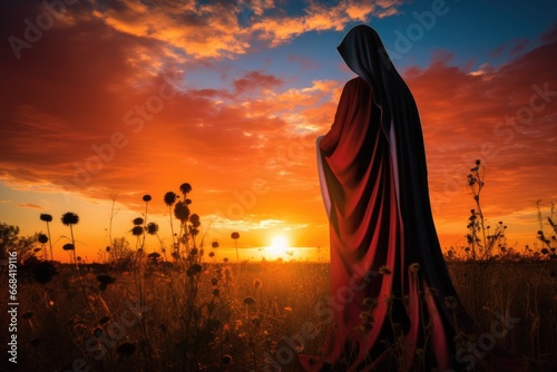 Holy Mary's silhouette against a vibrant sunset, nature's grace.