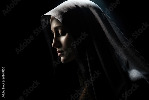 Holy Mary's visage in chiaroscuro technique, play of light and shadow. photo