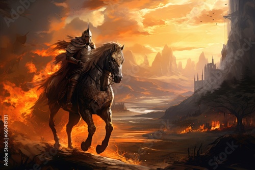 Illustration of a knight riding a horse in a fantasy landscape, quest, adventure. © furyon