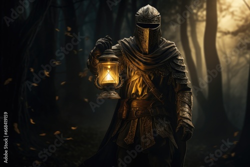 Knight carrying a lantern through the darkness, guidance, hope.