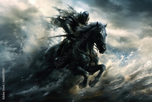Knight caught in a fierce storm, endurance, challenge.