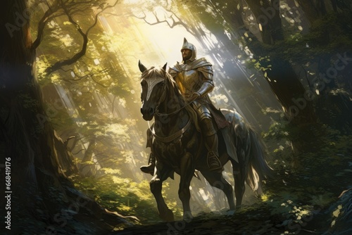 Knight embarking on a quest in a mystical forest.