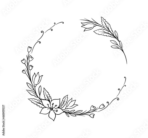 Botanical frame line concept. Empty space for text. Award and reward, tropy. Blossom plants for bouquet. Poster or banner. Linear flat vector illustration isolated on white background