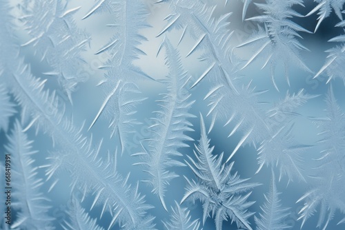 Close-up of frost patterns on a windowpane.