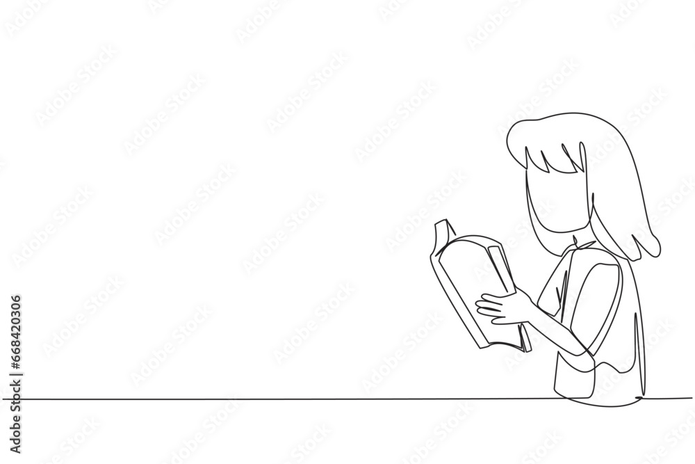 Continuous one line drawing girls are very focused on reading books. Reading fiction story books during school holidays. Book festival concept. Good habit. Single line draw design vector illustration