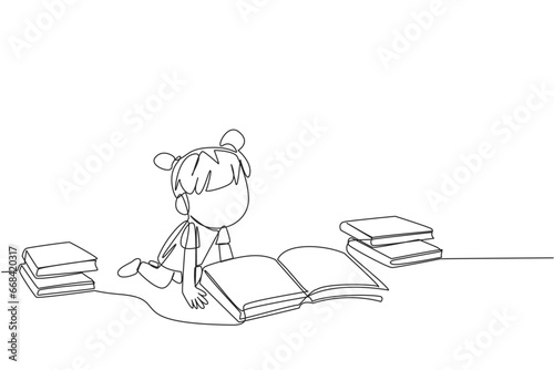 Single one line drawing girls reading books happily. Good reading interest. Really enjoy reading story books. Reading everywhere. Book festival concept. Continuous line design graphic illustration
