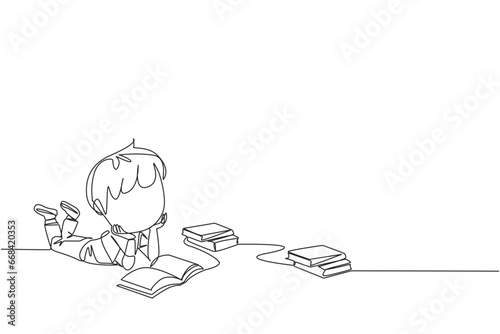 Single one line drawing smart boy reading books happily. Good reading interest. Really enjoy reading story books. Reading everywhere. Book festival concept. Continuous line design graphic illustration