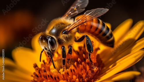 Busy honey bee working on a vibrant yellow sunflower blossom generated by AI
