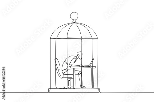 Single one line drawing robot trapped in the cage working on laptop computer. Plan to take annual leave to get away from routine. Workaholic. Overtime. Continuous line design graphic illustration