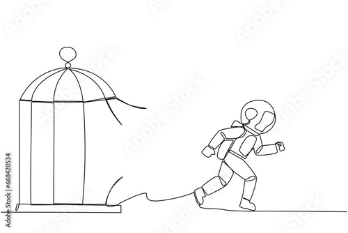 Single one line drawing young astronaut trapped in the cage running through the cage. Metaphor penetrates the maximum limit of self. Desire to succeed. Continuous line design graphic illustration