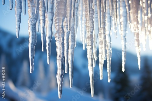 Crystal clear icicles hanging against a snowy backdrop.