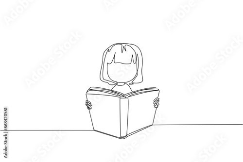 Single continuous line drawing girl sitting reading a book on a stand. Enthusiasm that never goes away. Very happy when reading story books. Book festival concept. One line design vector illustration