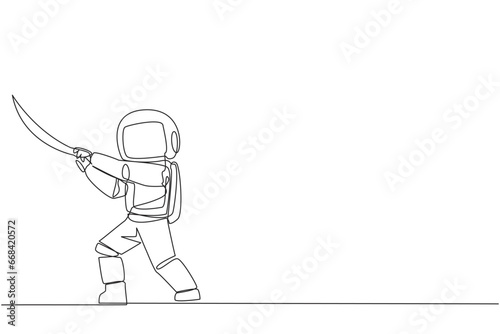 Single continuous line drawing astronaut holding samurai. Stylized like samurai athlete guarding business. Prepared to eliminate disrupt business growth. Spaceman. One line design vector illustration