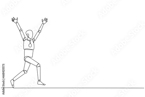 Single one line drawing robot running to celebrate the success of business. Like a football player who scores goal  doing celebrates. Success. AI tech. Continuous line design graphic illustration