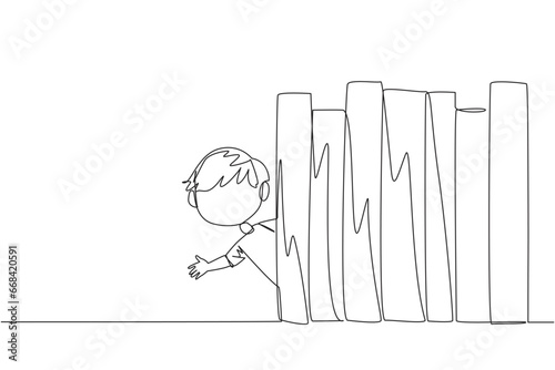 Single continuous line drawing a boy appears from behind a row of books. Invitation to read books at the library. Like to reading a book. Book festival concept. One line design vector illustration